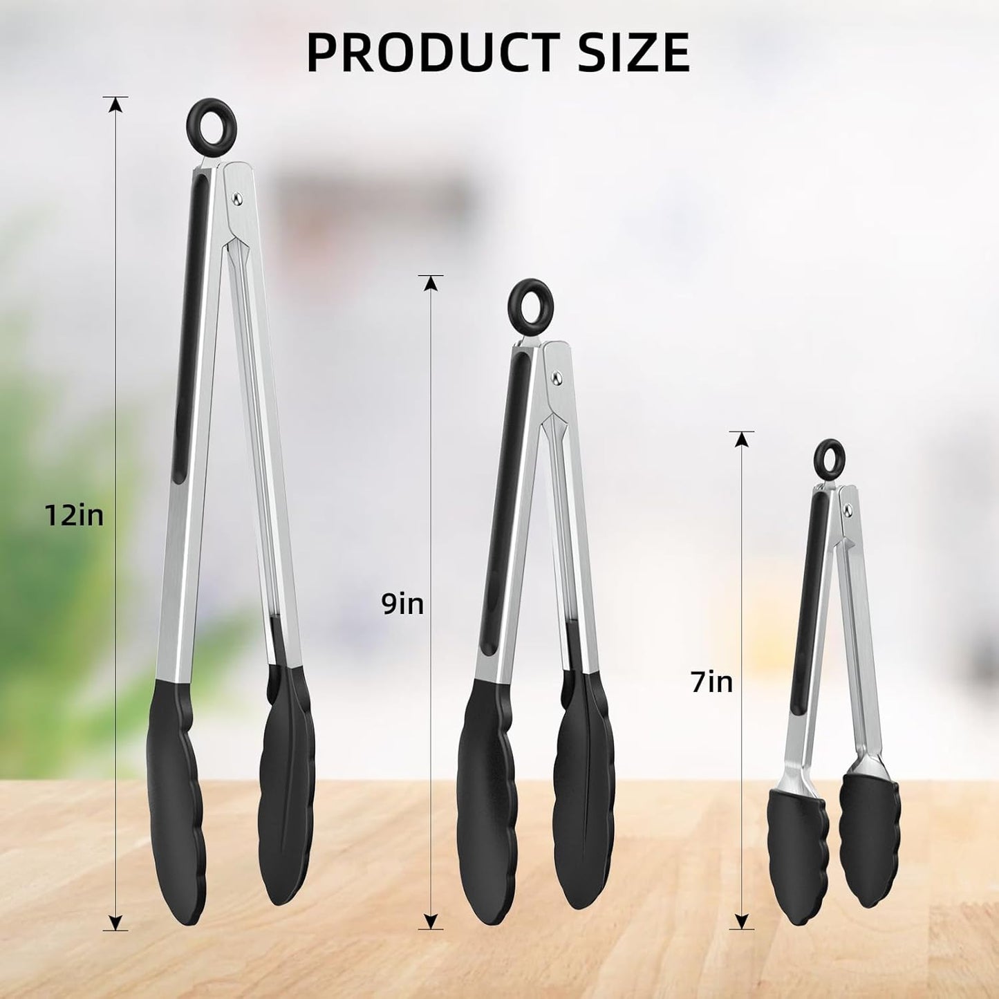 NileHome Tongs for Cooking, Professional Stainless Steel Cooking Tongs – Heat-Resistant for Grilling, BBQ, Serving Salad, Pasta, and Kitchen Use, Dishwasher Safe, Set of 7" 9" 12", Black