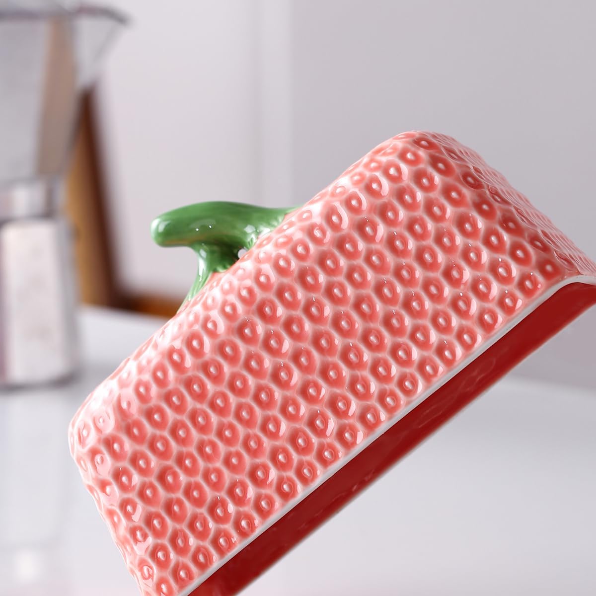 Ceramic Strawberry Butter Dish with Lid for Countertop, Kitchen Butter Keeper, Serving Tray with Cover, Butter Storage Container, Butter Holder, Holds 1 Stick (Pink, Large)