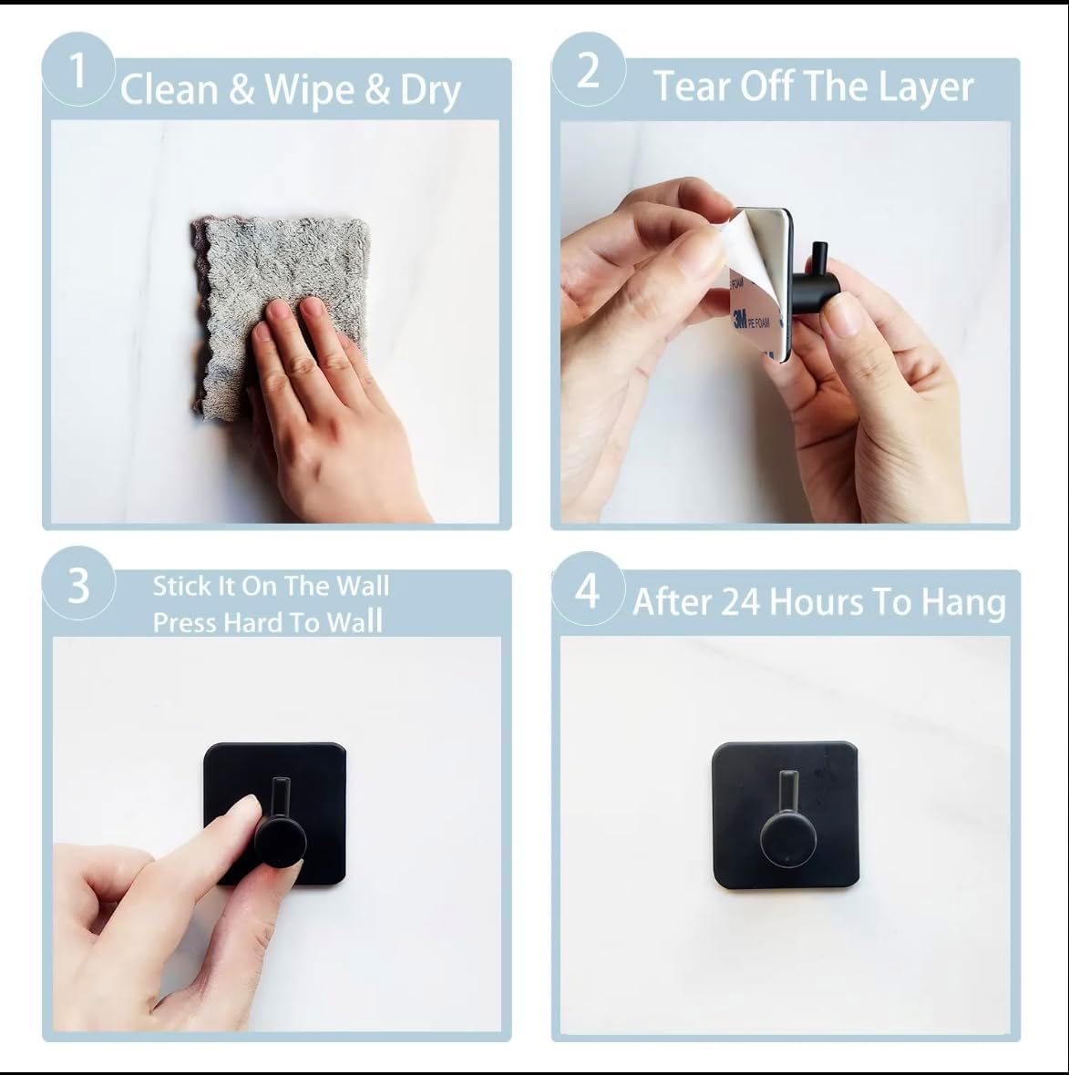 Adhesive Hooks for Hanging - 4 PCs, Towels Hooks for Bathroom, Sticky Hooks for Walls No Damage, Adhesive Hook for Outside, Kitchen, Bathroom, Office (Black 1)