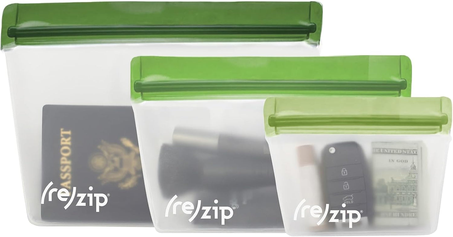 (re) zip 3-Piece TSA-Compliant Travel Bags | Stand-Up Style, Leakproof Storage for Toiletries, Cosmetics, Electronics, Snacks, Carry-On Organization | Quart (1), 2-Cup (1), Snack (1)