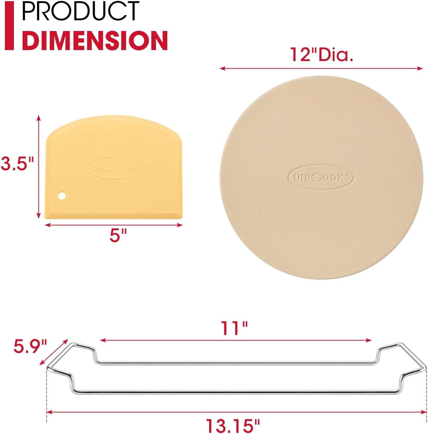 Unicook 12 Inch Round Pizza Stone for Oven and Grill, Cordierite Bread Baking Stone, Baking Crispy Pizzas, Bread and Cookies, Includes Carry Rack and Dough Scraper