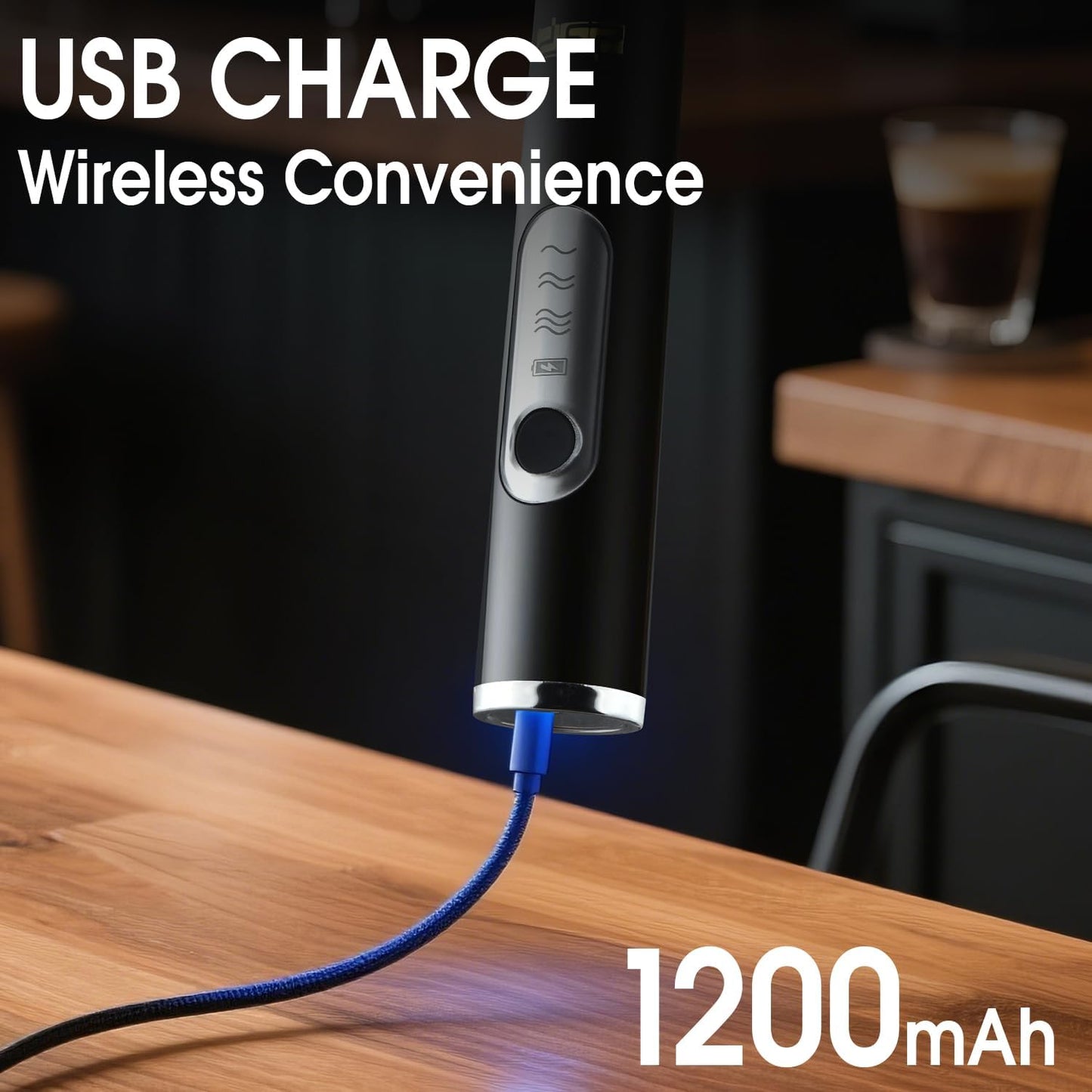 DSP Handheld Milk Frother Rechargeable, Electric Whisk for Coffee, 2 Stirring Rods 3 Speed Adjustable, Low Noise Drink Whisk for Lattes, Matcha, Hot Chocolate, Egg (Midnight Black)