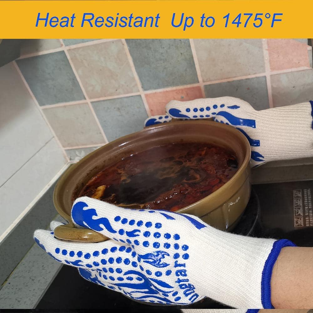 Oven Mitts Heat Resistant BBQ Proof Glove 11Inch 1472℉ Grill Glove Proof Heat for Women Men BBQ Gloves Gift Set Cooking Gloves for Cooking, Grilling, Baking, Welding (White Blue)