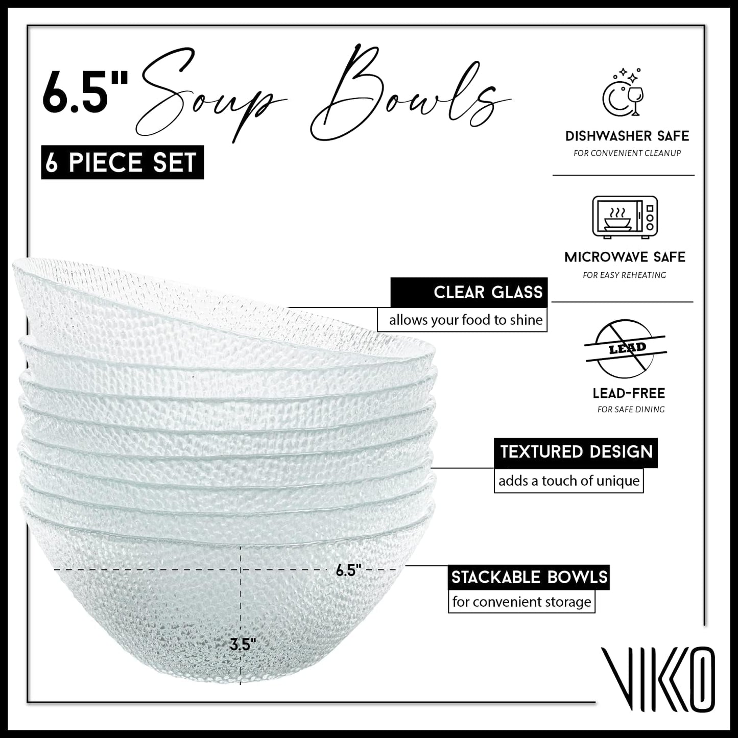 Vikko Elegant Textured Glass Salad Bowls - Set of 6, 6.5 Inch, Stackable, Dishwasher Safe