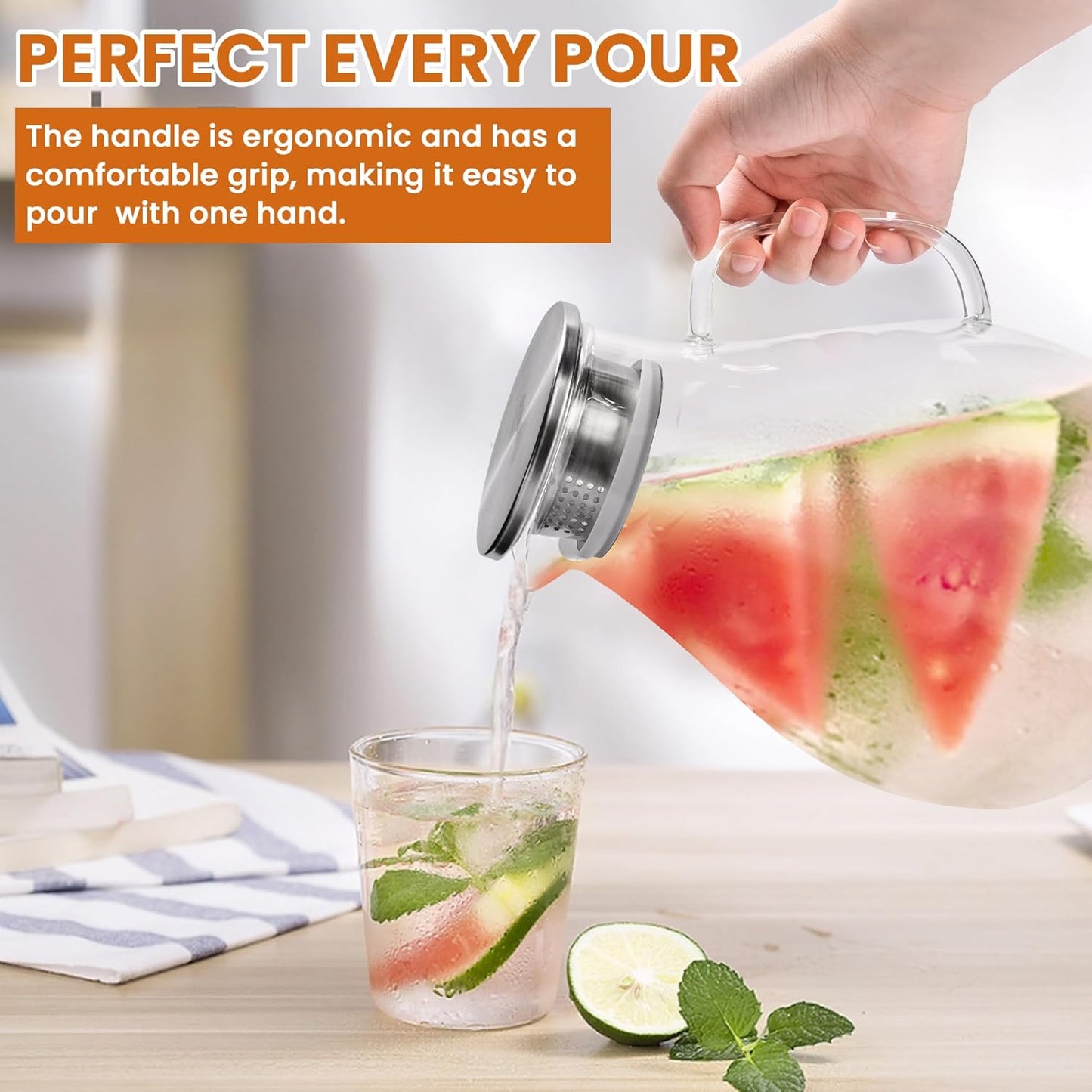 SUSTEAS 3 Litre 101oz Glass Pitcher Jar with Lid and Nozzle, 3.17Quart Cold/Hot Water Glass Water Bottle, Ice Tea for Refrigerator, Large Water Jar for Juice, Milk, Coffee or Homemade Drinks