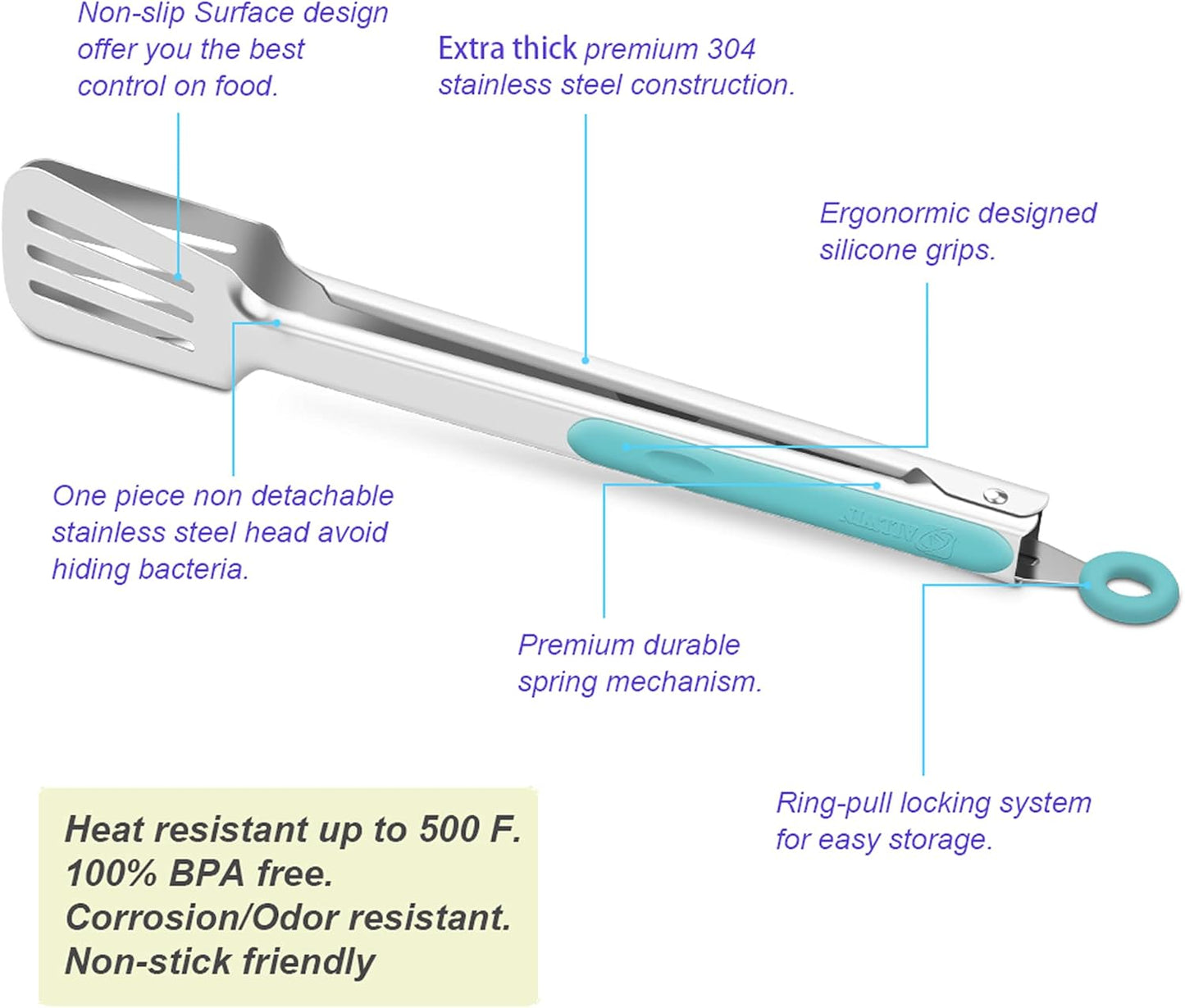 Premium 304 Stainless Steel Barbecue Turners, Heavy Duty Non-Stick BBQ Cooking Kitchen Tongs, 9" and 12" Aqua Sky