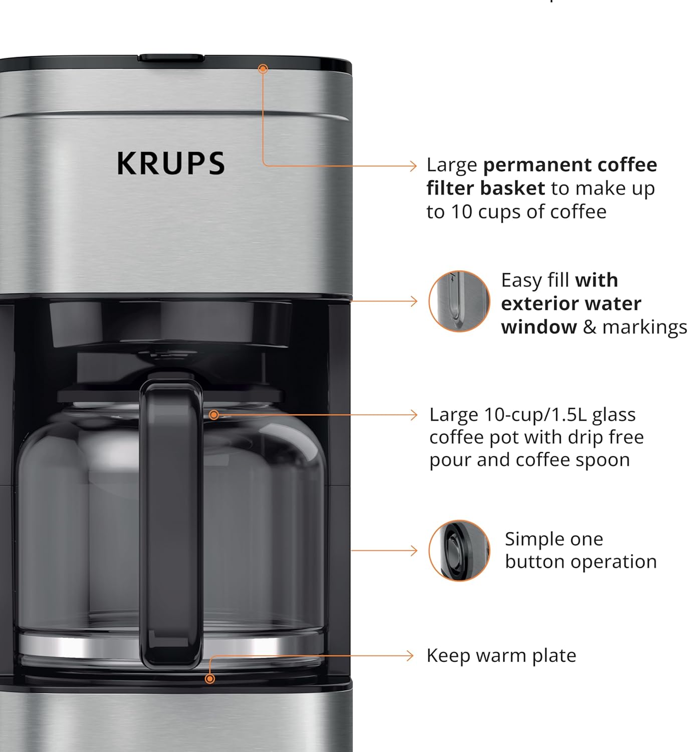 KRUPS Newer Model Drip Coffee Maker, 10-Cup, Silver