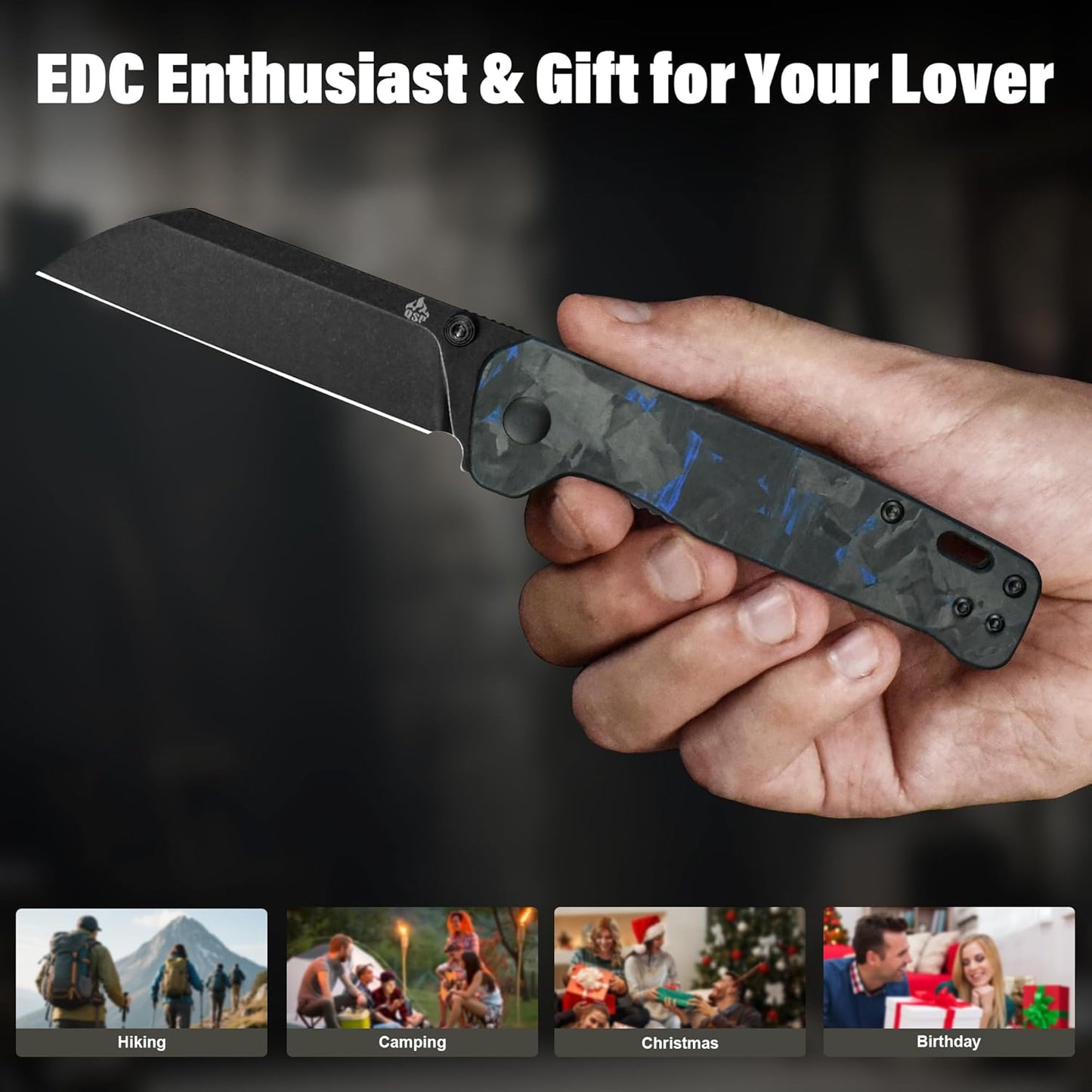 QSP Penguin V2 Folding Pocket Knife, 3.06" D2 Black Stonewash Blade EDC Knife, Blue Shredded CF Overlay G10 Handle, Liner Lock, Ceramic Ball Bearings, Reversible SS Deep Carry Clip