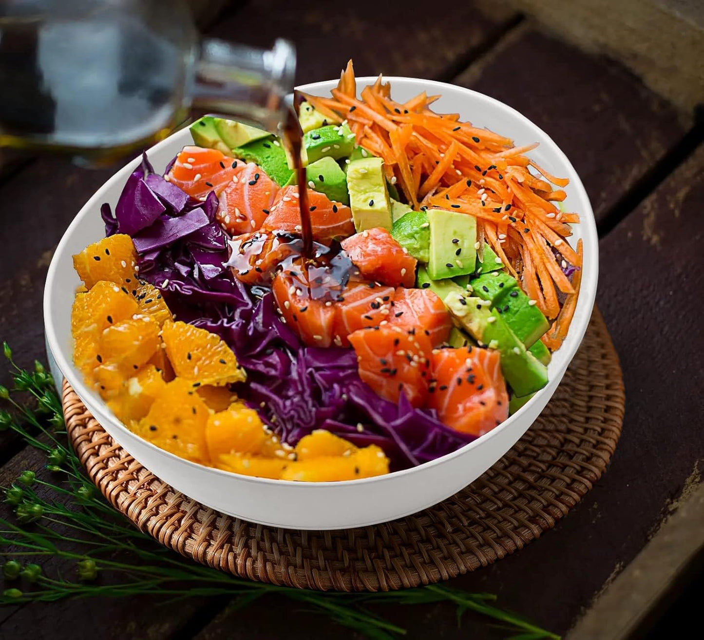 9.6'' Serving Bowls, 84oz Bamboo Fiber Salad Bowl Set of 4, Deep Serving Bowls Set, Large Oval Individual Bowls for Eating Salad/Pasta/Cereal/Pho, Ideal for Home & Restaurant (Matte White)