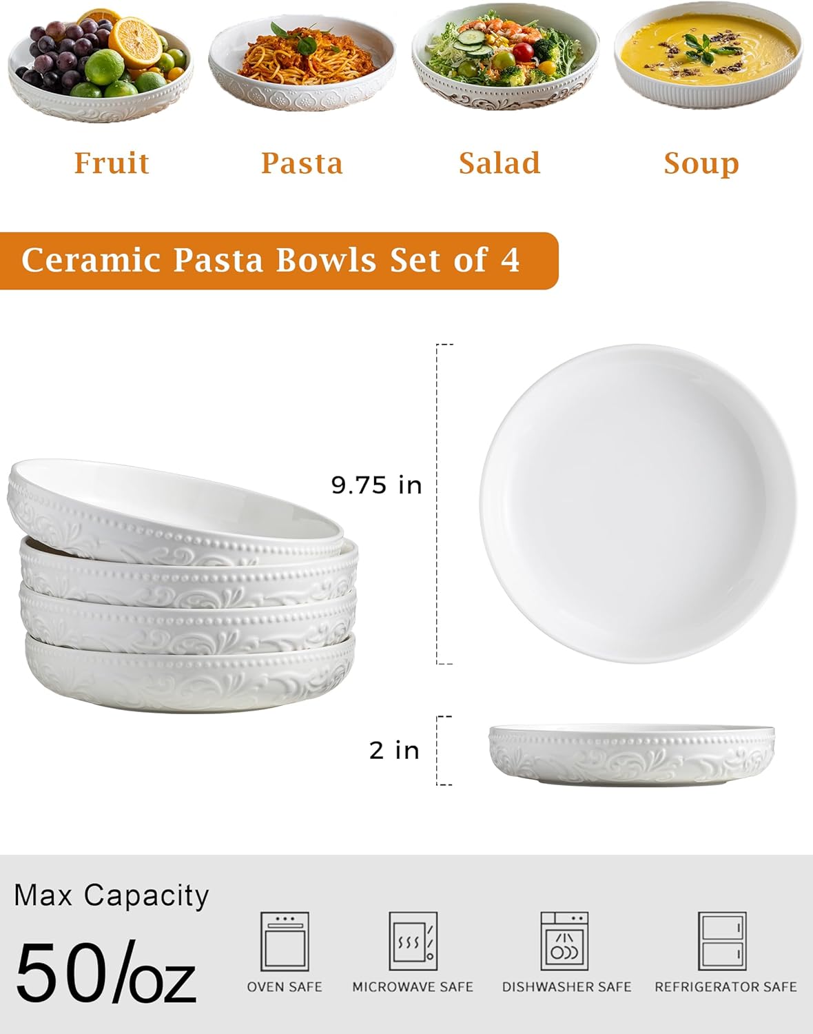 YHOSSEUN 9.75" Pasta Bowls Set of 4, 50 OZ Large Salad Bowl Pasta Plates, Ceramic Serving Bowl Plate White Soup Bowls, Embossed Morning Glory