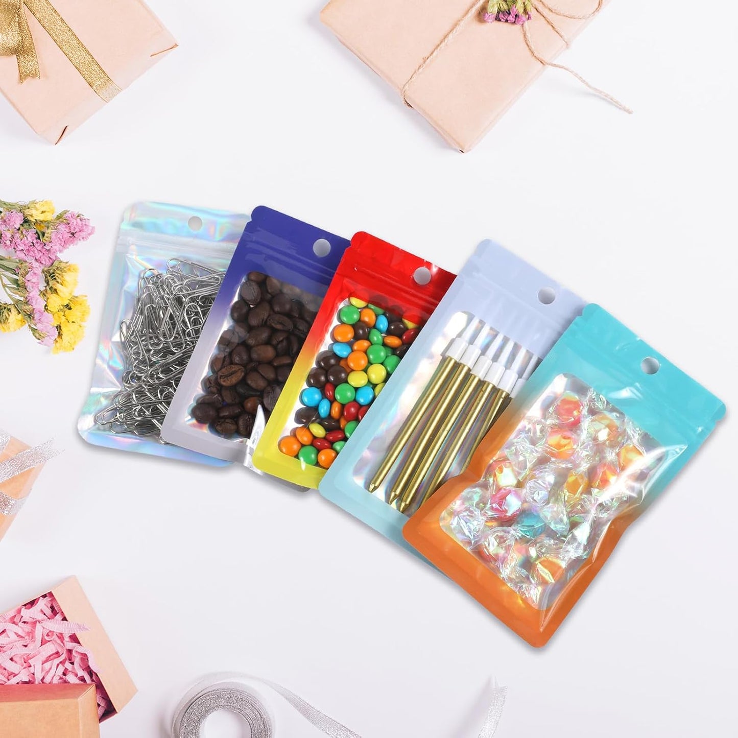 200 Pack Resealable Mylar Holographic Bags Food Storage Smell Proof Bags with Front Window Foil Packaging Pouch for Candy Sample Jewelry Small Business 4.13×5.91 Inch, White