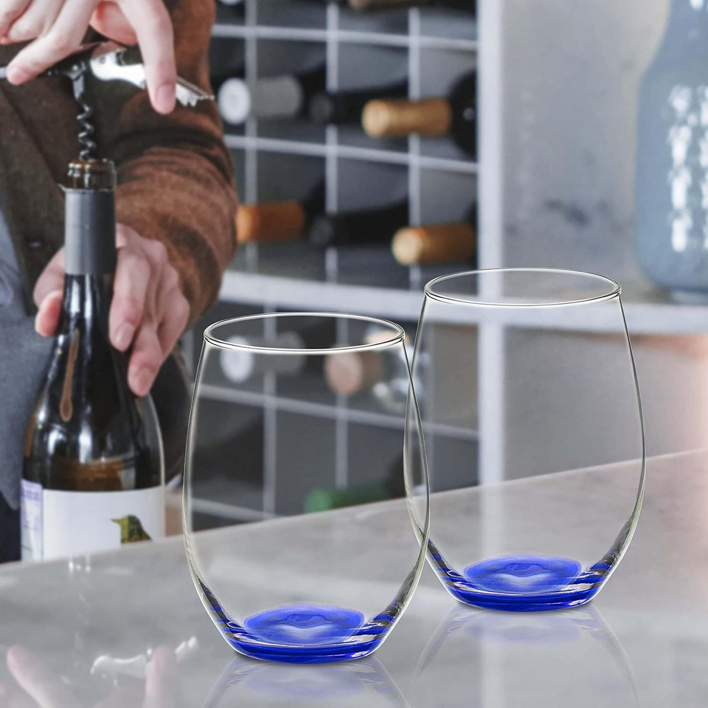 DISCOUNT PROMOS 10 ARC Stemless Wine Glasses Set, 21 oz. - Chardonnay, Cabernet, Merlot, Sauvignon - Blue