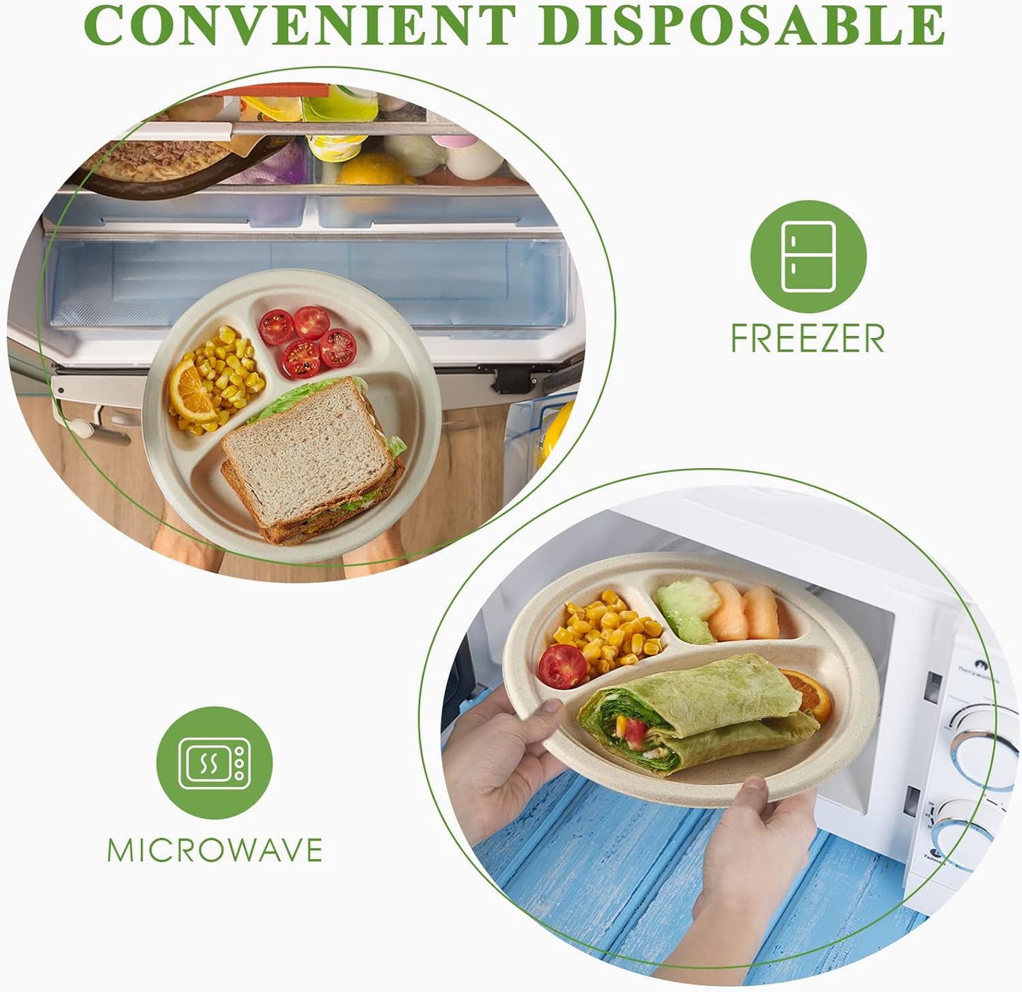 Vplus 100% Compostable Paper Plates, 125 Pack 9 Inch 3 Compartment Plates Disposable, Heavy Duty Biodegradable Plates Made of Sugar Cane Fibers, for Daily meals, Dinner, Parties, BBQ