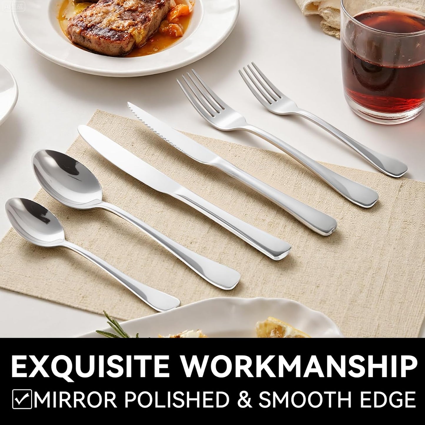 49-Piece Silverware Set with Organizer, Stainless Steel Kitchen Utensils Set for 8, Cutlery Flatware Set with Steak Knives Fork Spoon for Home Kitchen Tableware, Dishwasher Safe