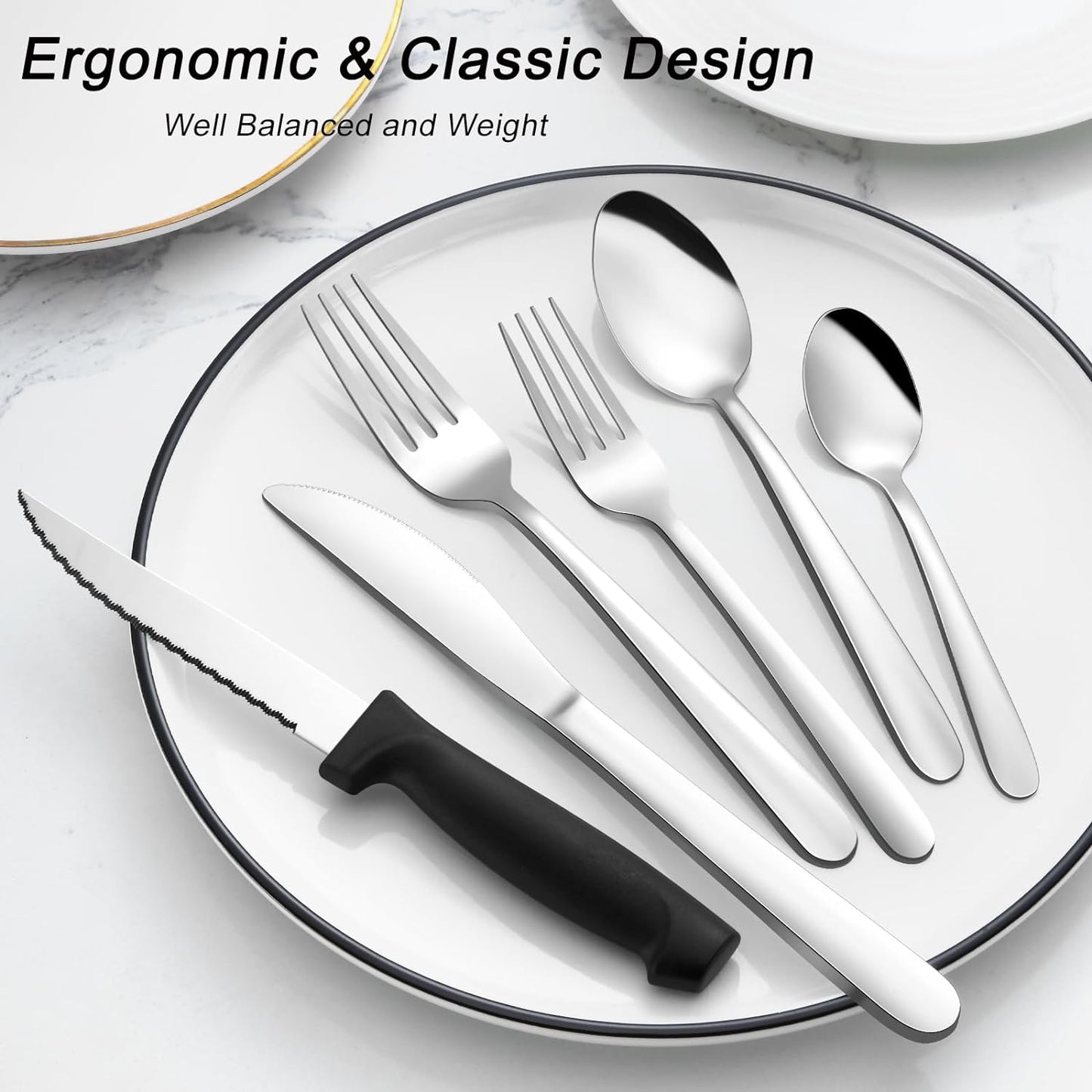 Pleafind 24-Piece Silverware Set - Stainless Steel Flatware with Steak Knives, Forks, Spoons, Knives - Dishwasher Safe for Home or Restaurant