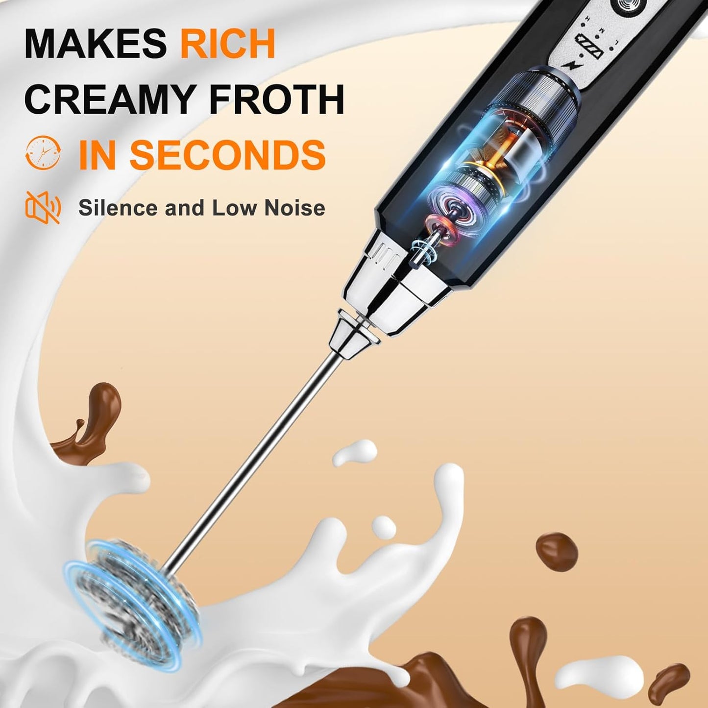YUSWKO Handheld Milk Frother Wand for Coffee, Rechargeable Electric Whisk with 3 Heads 3 Speeds Drink Mixer Coffee Frother For Latte, Cappuccino, Hot Chocolate, Egg (Without Stand, Light Black)