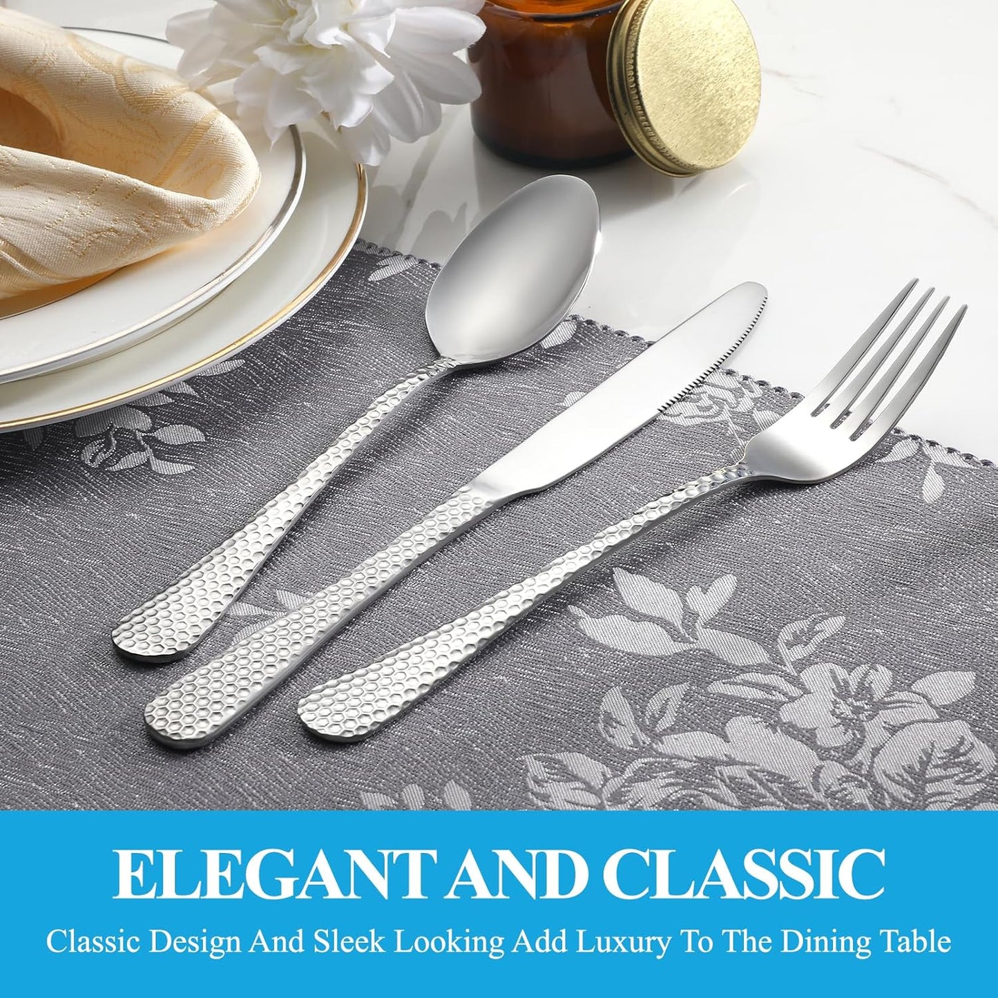 60 Pcs Hammered Silverware Set Service for 12,Stainless Steel Flatware Set,Mirror Polished Cutlery Utensil Set,Durable Home Kitchen Eating Tableware Set,Include Fork Knife Spoon Set,Dishwasher Safe