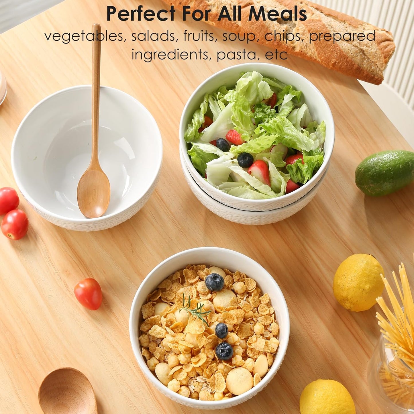 40 OZ Large Cereal Bowls Set of 4, Farmhouse Embossment Ceramic Salad Bowls for Soup, Serving, Fruit, Snack, Noodle, Ramen, Pho, Microwave & Dishwasher Safe, 6.7 Inch White