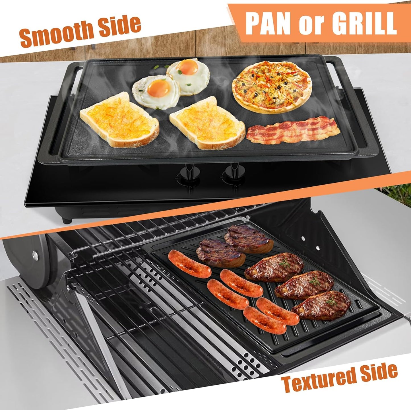 Cast Iron Griddle for Stove Top Large Flat Top Double Griddle Pan for Gas Grill, Fits Two Burners, for Gas, Electric, Ceramic Stovetops, Indoor & Outdoor Cooking - 19" x 10"