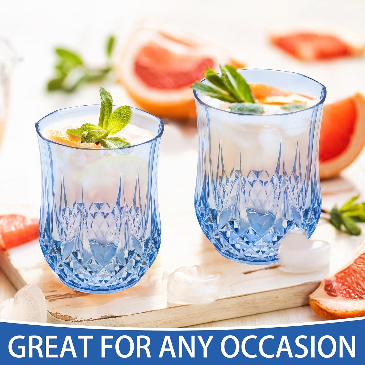 48 PCS Blue Stemless Wine Glasses,Plastic Reusable Cups 9OZ Vintage Drinking Glasses Tumblers for Whisky, Beer, Juice, Beverages, Cocktai