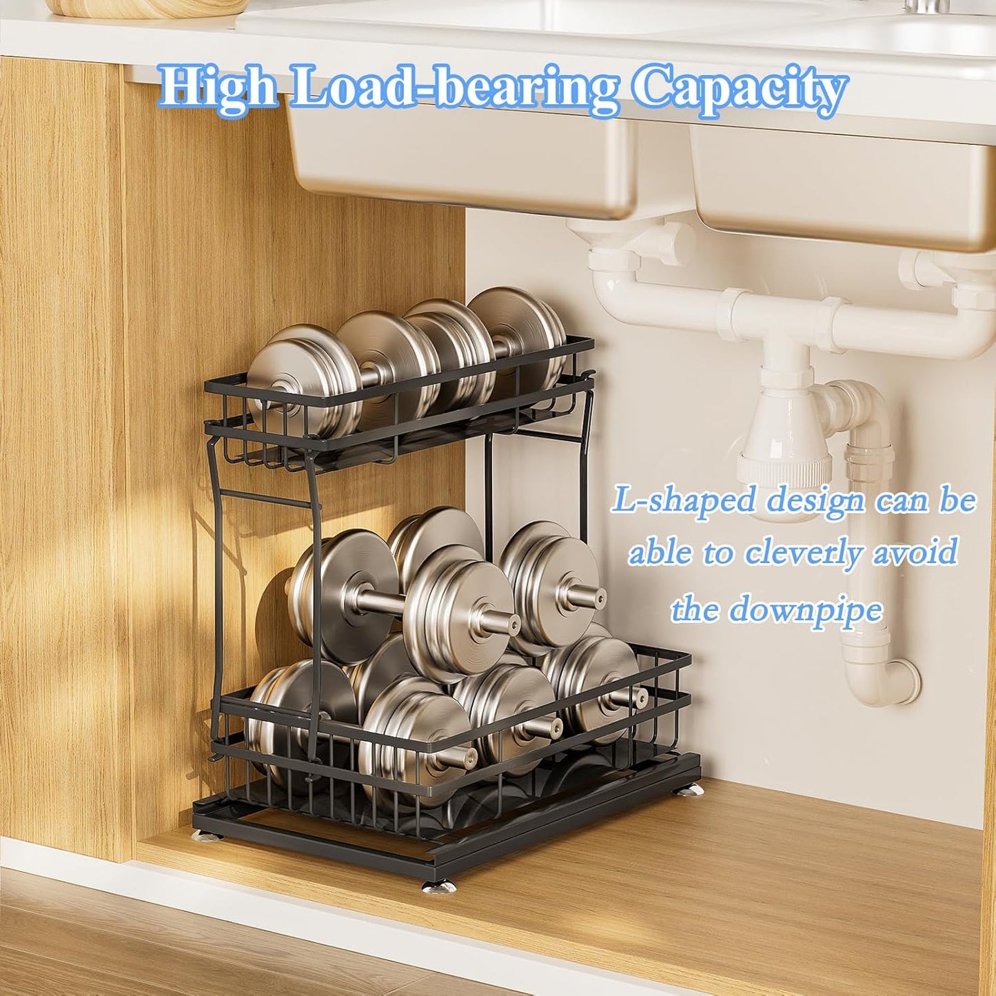 1 Pack Under Sink Organizers and Storage, 2 Tier Pull Out Cabinet Organizer, Metal Sliding Drawer Storage for Kitchen Bathroom,Black