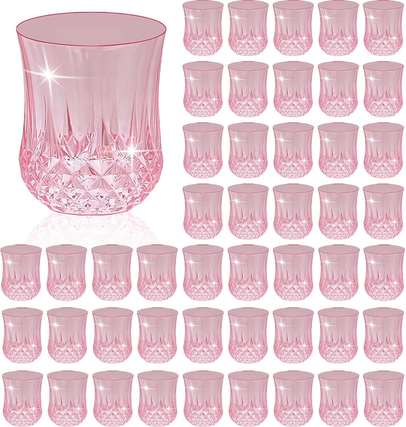 48 PCS Pink Stemless Wine Glasses,Colored Plastic Reusable Cups 9OZ Vintage Drinking Glasses Tumblers for Whisky, Beer, Juice, Beverages, Cocktai