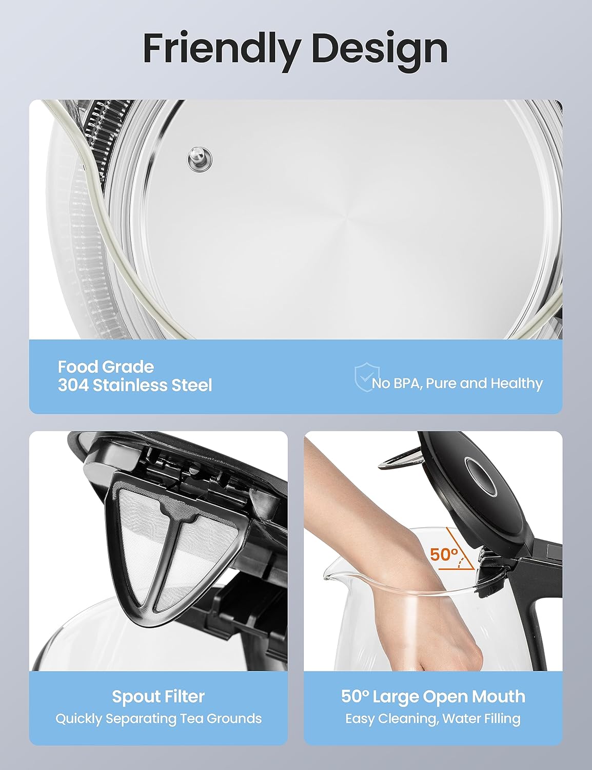 COMFEE' 1.7L Glass Tea Kettle and Kettle Water Boiler - Electric Kettle Temperature Control with 6 Presets, 2-Hr Keep Warm, Fast Heating, 304 Stainless Steel, Auto-Off and Boil-Dry Protection