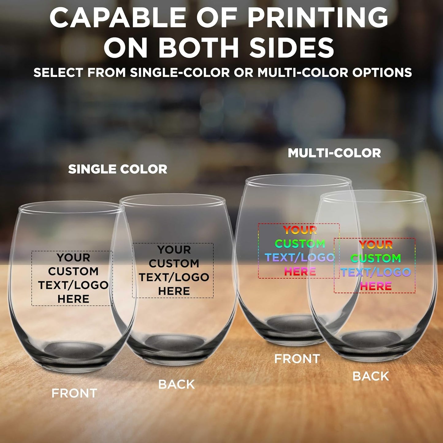 Custom Stemless Wine Glasses in Bulk by ARC Perfection, 15 oz, 50 pack, Personalized Text, Logo, Red or White Wine Glass Set, Black