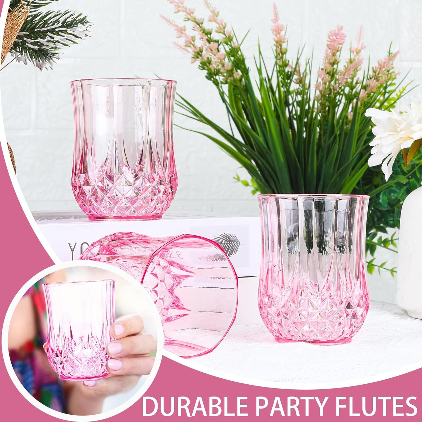 12 PCS Pink Stemless Wine Glasses,Colored Plastic Reusable Cups 9OZ Vintage Drinking Glasses Tumblers for Whisky, Beer, Juice, Beverages, Cocktai