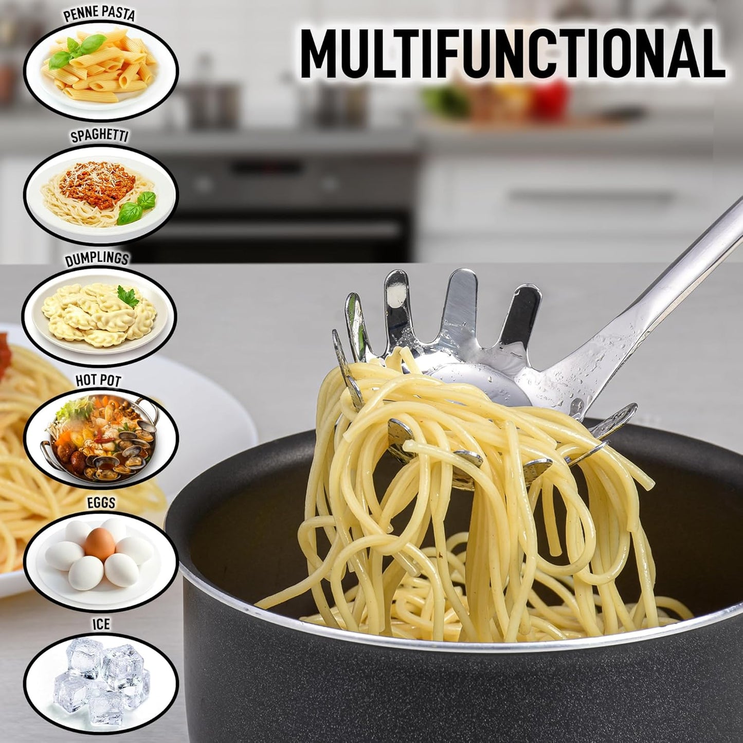 Zulay Kitchen Premium Stainless Steel Spaghetti Spoon - Pasta Spoon with Teeth - Metal Pasta Spoon - Pasta Fork Noodle Spoon - Easy to Use & Clean Pasta Utensil - 12’ Pasta Server