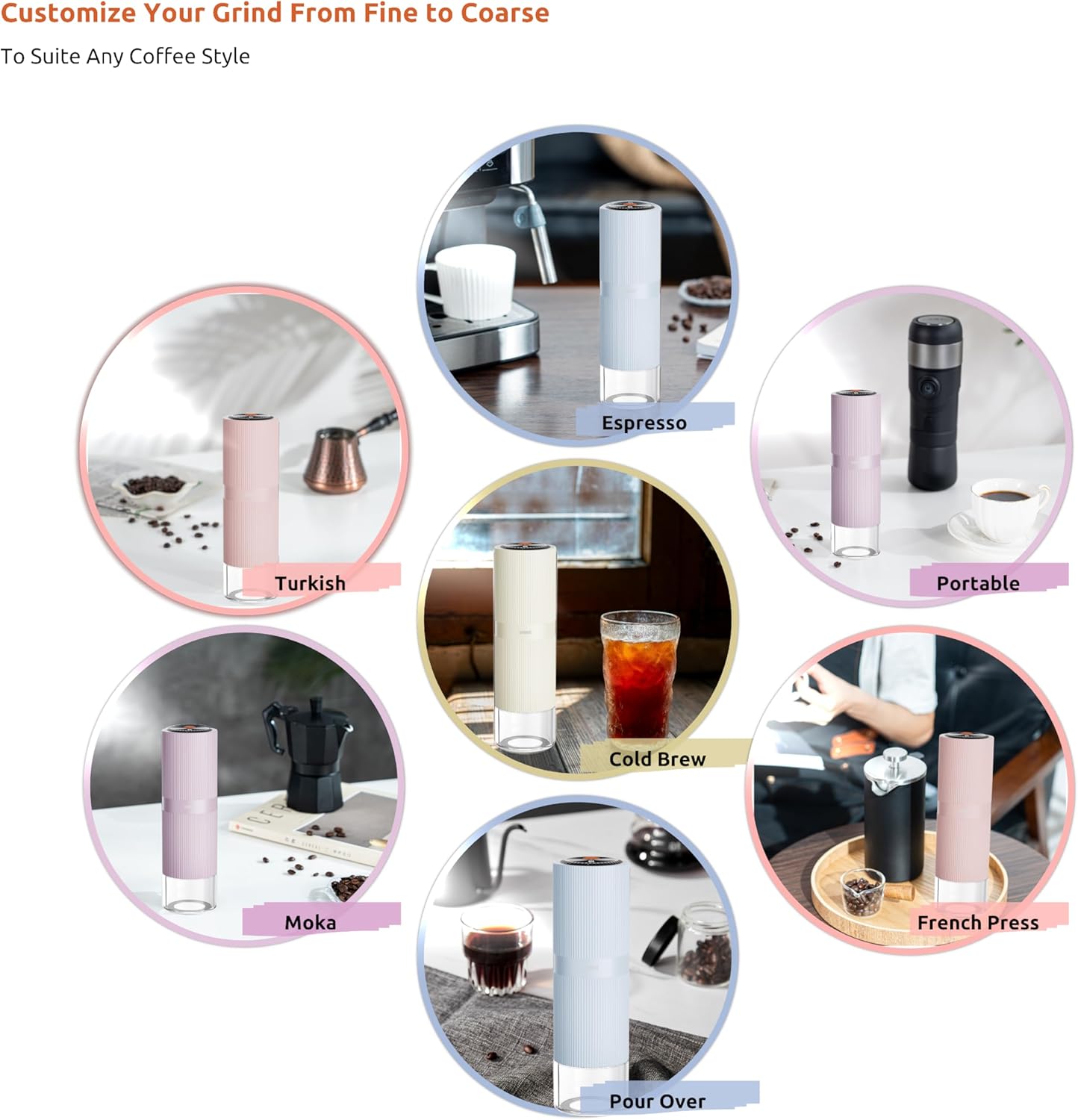 Portable Electric Coffee Grinder, Rechargeable Handheld Grinder with Stainless Steel Conical Burr, Adjustable Grind Settings, for Espresso, Moka, Pour Over, French Press, Cold Brew, Lilac