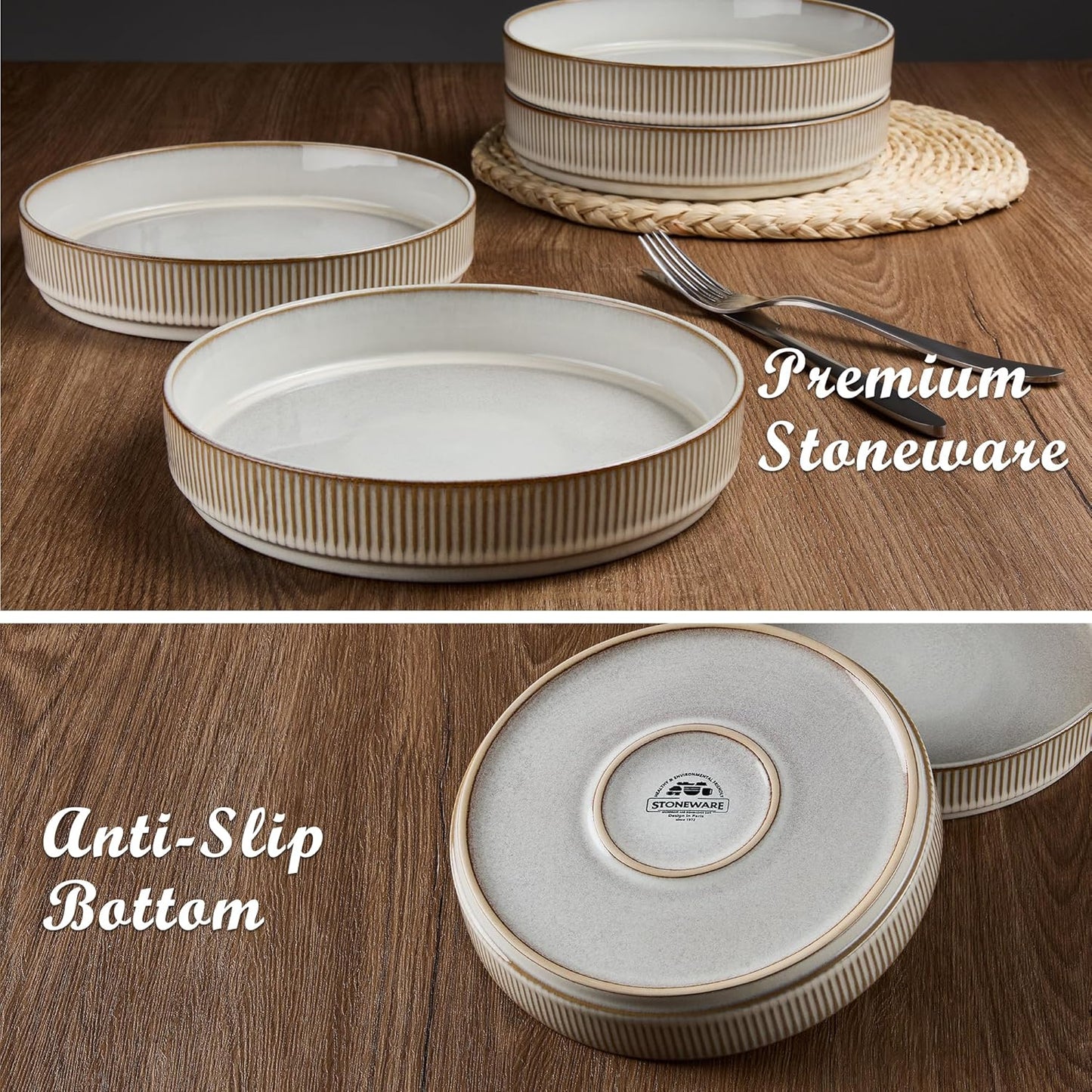 E-far Pasta Bowls Set of 4, 35oz Large Salad Bowl Plate for Dinner Serving Soup, Wide & Shallow Ceramic Stoneware Pasta Plates, Microwave & Dishwasher Safe, Reactive Glaze Texture-Stripe, Creamy Beige