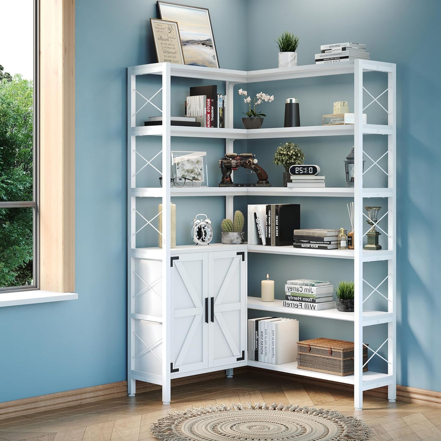 6-Shelf Corner Bookshelf, Vintage Industrial Corner Shelf Etagere Bookcase, Large Book Shelf with Metal Frame Open Storage Corner Cabinet (White-Lockers, Small)