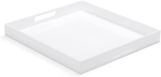 White Acrylic Large Ottoman Tray with Handles 18"x18"x2" Spill Proof Serving Tray Rubber Boot Organizer Tray Decorative for Living Room Bedroom Kitchen Entryway Coffee Table Countertop