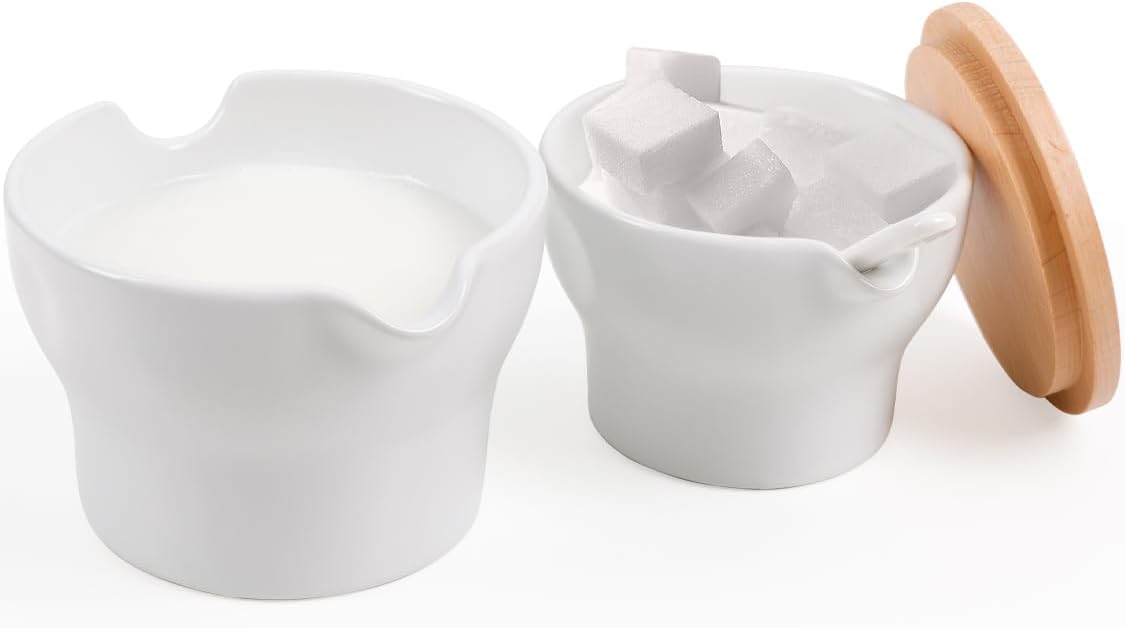 INGOFIN Ceramic Sugar and Creamer Set with Lid and Spoon, 3-Piece Porcelain Creamer Pitcher Milk Jug and Sugar Bowl for Coffee Bar, Tea Time, Kitchen Serving,3.5oz & 6oz, Dishwasher Safe, Modern White