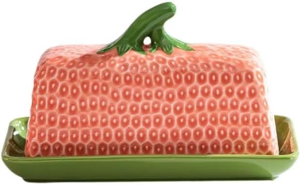 Ceramic Strawberry Butter Dish with Lid for Countertop, Kitchen Butter Keeper, Serving Tray with Cover, Butter Storage Container, Butter Holder, Holds 1 Stick (Pink, Large)