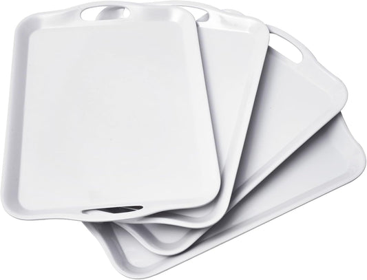 Blue Boat 16.5" x 11.5" Serving Trays Set of 4 White, Dinner Tray, Light Weight Easy to Clean Sturdy Stackable Melamine Serving Tray with Handle, Fruit, Snacks, and Desserts Trays