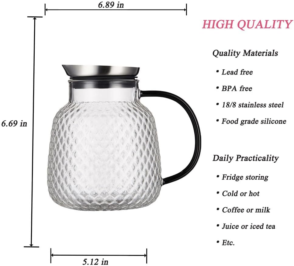 Purefold 40 ounces “Pineapple Series” Glass Pitcher with Stainless Steel Lid, Hot/Cold Water jug for Coffee, Lemonade, Iced Sun Tea,Beverage, Milk