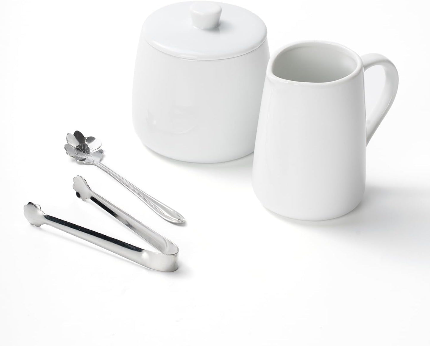 Sugar and Creamer Set, 4 Piece with Creamer Pitcher, Sugar Bowl with Lid and Spoon, Sugar Cube Tongs, for Coffee Accessories, Ceramic Coffee Serving Set