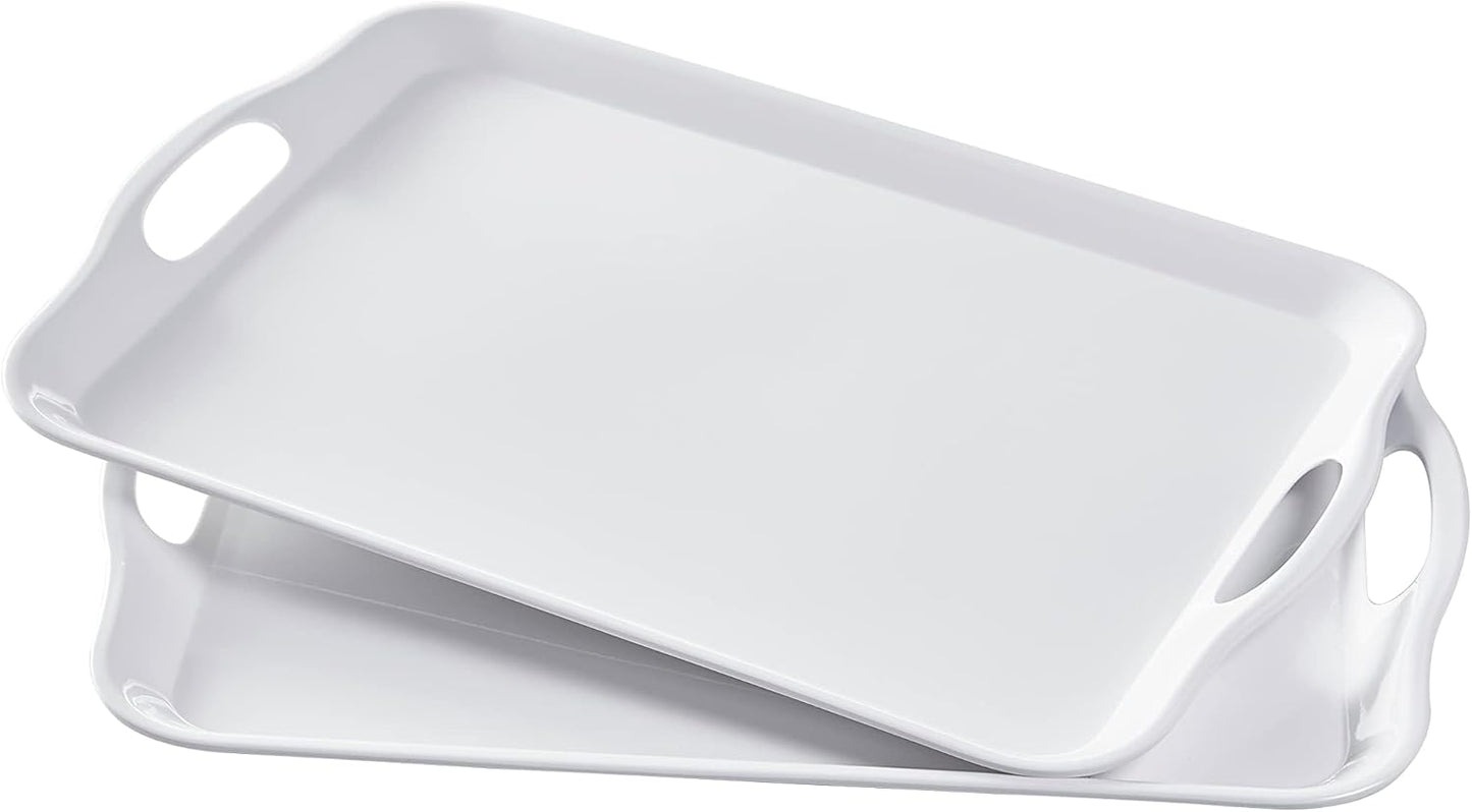 Blue Boat 14" x 10" Serving Trays Set of 2 White, Dinner Tray, Light Weight Easy to Clean Sturdy Stackable Melamine Serving Tray with Handle, Fruit, Snacks, and Desserts Trays