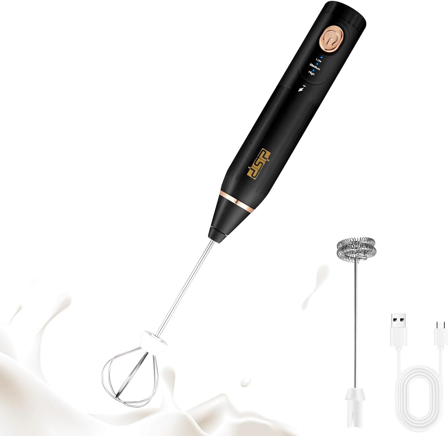 DSP Electric Whisk Rechargeable with Egg whisk milk frothing bar, 3 Speed Adjustable, Milk Frother Handheld for Latte, Cappuccino (Black)