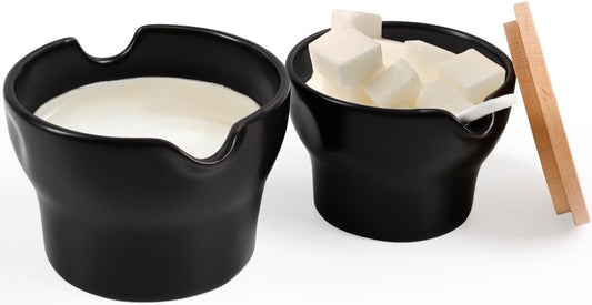 INGOFIN Ceramic Sugar and Creamer Set with Lid and Spoon, 3-Piece Porcelain Creamer Pitcher Milk Jug and Sugar Bowl for Coffee Bar, Tea Time, Kitchen Serving,3.5oz & 6oz, Dishwasher Safe, Modern Black