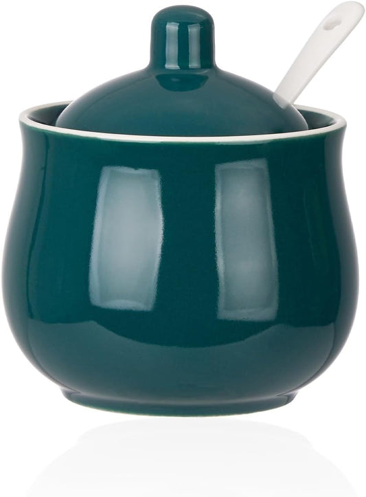 Ceramic Sugar Bowl with Lid and Spoon, Green Porcelain Sugar Salt Pepper Storage Jar, 8 Ounces