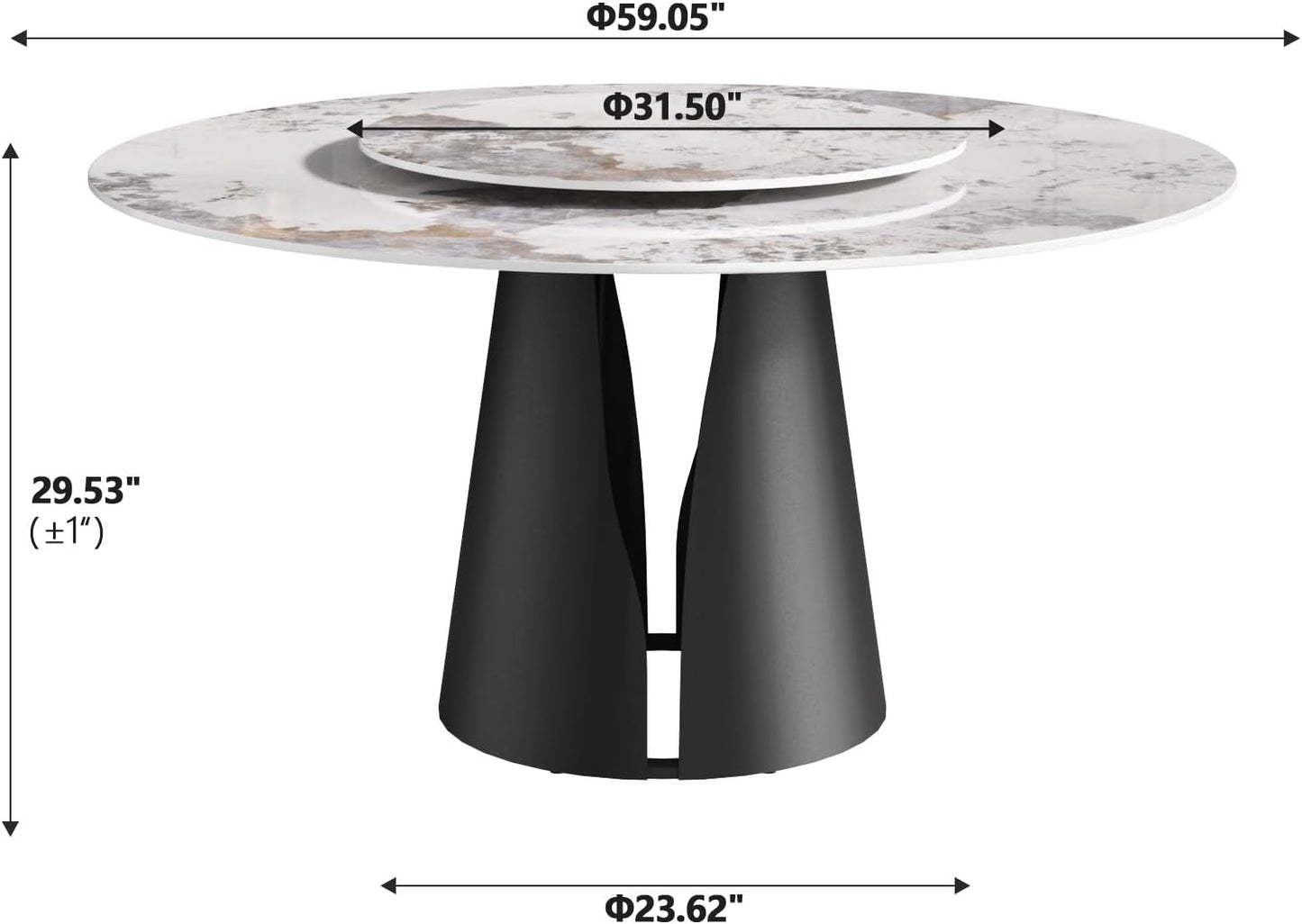 Montary 59" Modern Artificial Marble Round Dining Table with Black Carbon Steel Base & 31.5" White Sintered Stone Turntable, Dining Room Table with Lazy Susan for 6-8 (Only Table)