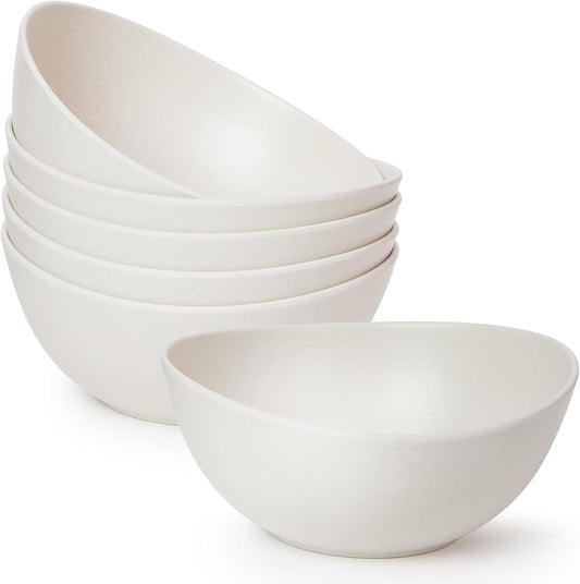 6.2'' Bamboo Fiber Cereal Bows Set of 6, Soup Bowls 24 Oz for Serving Salad, Snack, Side Dishes, Modern Oval Lightweight Bowls for Breakfast, Lunch and Dinner, Dishwasher and Freezer Safe(Matte White)