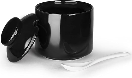 HAOTOP 8 oz Sugar Bowl with Lid and Spoon,Ceramic Sugar Jar Sugar Dispenser Sugar Container Coffee Bar Accessories, Kitchen Countertop Canisters (Black)