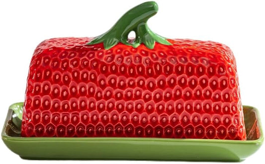 Strawberry Butter Dish with Lid, Ceramic ButterDish, Large Kitchen Strawberry Butter Holder, Serving Tray with Cover, Butter Storage Container, Holds 1 Stick (Red, Large)