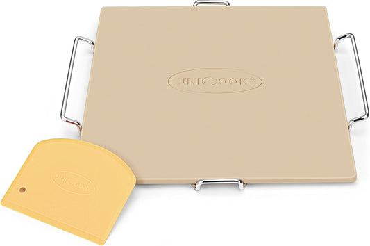 Unicook 12 Inch Square Pizza Stone for Oven and Grill, Oven Baking Stone for Bread, Cordierite Pizza Pan for Baking Crispy Bread, Pie and Cookies, Includes Carry Rack and Dough Scraper