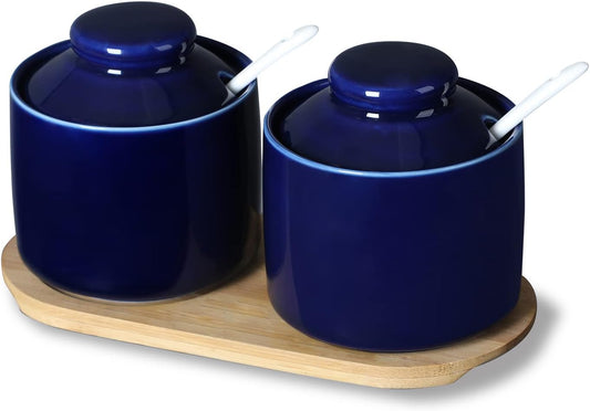 ONTUBE Ceramic Sugar Bowl with Lid and Spoon Set of 2,Porcelain Seasoning Box Salt Bowl with Tray,8oz (Navy)