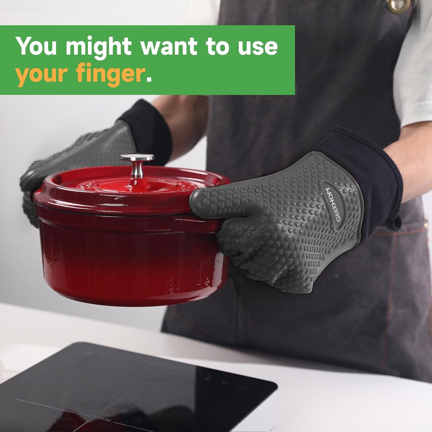 GEEKHOM BBQ Gloves Heat Resistant Oven Mitts - Silicone Grilling Gloves with 13.7" Arm Protection - Waterproof Pot Holder Non-Slip for Men & Women, Kitchen Outdoor Cooking, Baking, Camping, Gray